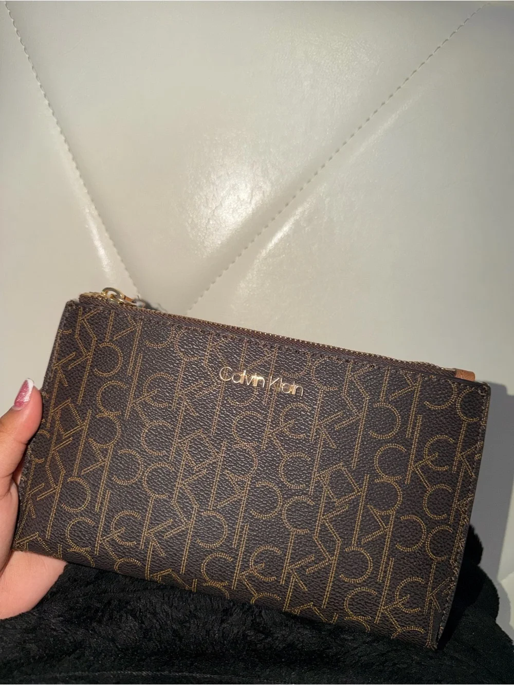 Calvin Klein Brown Logo Print Wristlet Clutch with Gold Accent